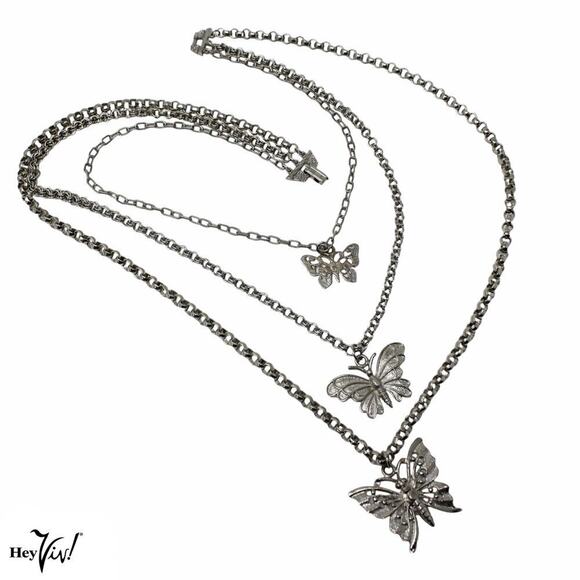 Vintage 3 Strand Chain Necklace w Three Unique Butterfly Pendants 18" - Hey Viv - Picture 1 of 6